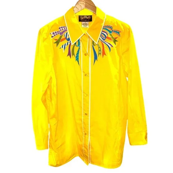 Bob Mackie Wearable Art Yellow Embroidered Shirt Vintage Button Down Retro Chic - Picture 3 of 11